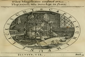 Ein altes Buch mit einer detaillierten Illustration eines Vogels in einem Käfig, umgeben von Tieren, einem Fenster, das nach draußen zeigt, und dekorativem Text.