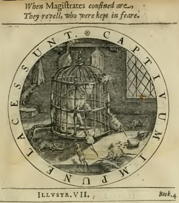 Ein altes Buch mit einer detaillierten Illustration eines Vogels in einem Käfig, umgeben von Tieren, einem Fenster, das nach draußen zeigt, und dekorativem Text.