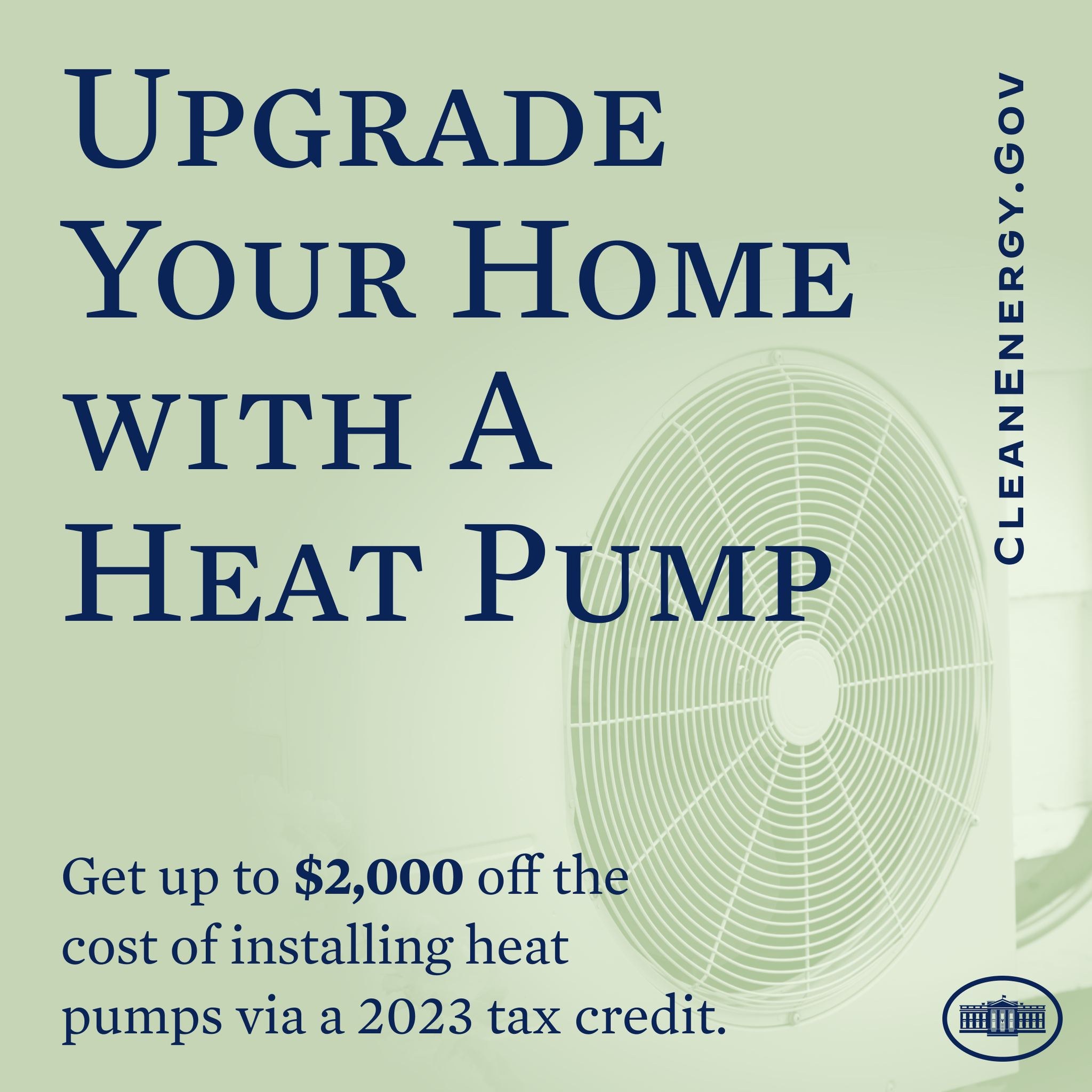 Plakat zur Werbung für Heizpumpen-Upgrades mit einem Bild einer Heizpumpe und dem Text "Upgrade Your Home with a Heat Pump."