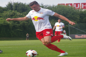 Ein Mann in einem Fußballtrikot schießt einen Ball auf einem grünen Feld mit Bäumen und einem klaren blauen Himmel im Hintergrund, wobei eine Tafel mit der Aufschrift "RB Leipzig" sichtbar ist.