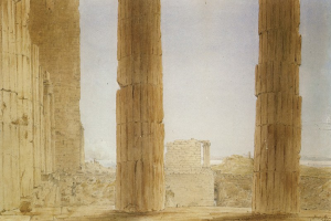 Gemälde der Ruinen des Tempels von Olympian Zeus in Athen, Griechenland, das Menschen zwischen Säulen und Felsen unter einem bewölkten Himmel zeigt.