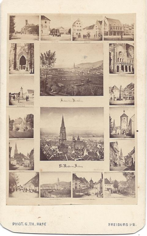 Ein altes Schwarz-Weiß-Foto von Freiburg, Deutschland, das verschiedene Gebäude, Bäume und Menschen zeigt, mit dem Namen der Stadt darunter.