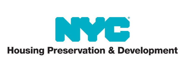 Weißer Hintergrund mit zentralem schwarzem Text "NYC Housing Preservation & Development" in einer modernen, professionellen Schriftart, eingerahmt von einem dünnen schwarzen Rand.